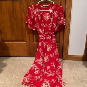 Red and white floral print wrap around maxi dress